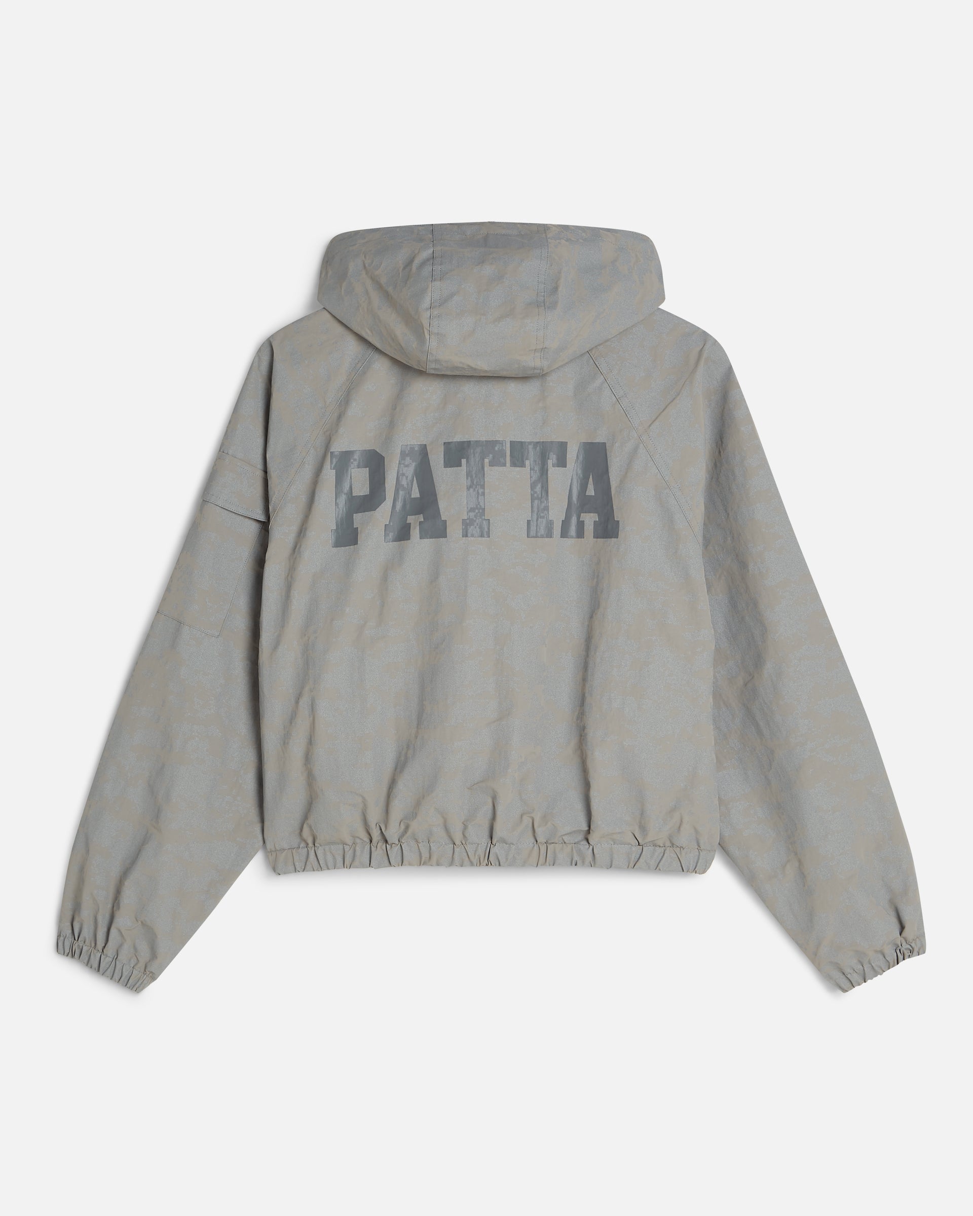 Grey Patta hooded jacket with digital camouflage pattern and Patta logo