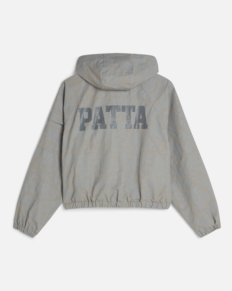 Grey Patta hooded jacket with digital camouflage pattern and Patta logo