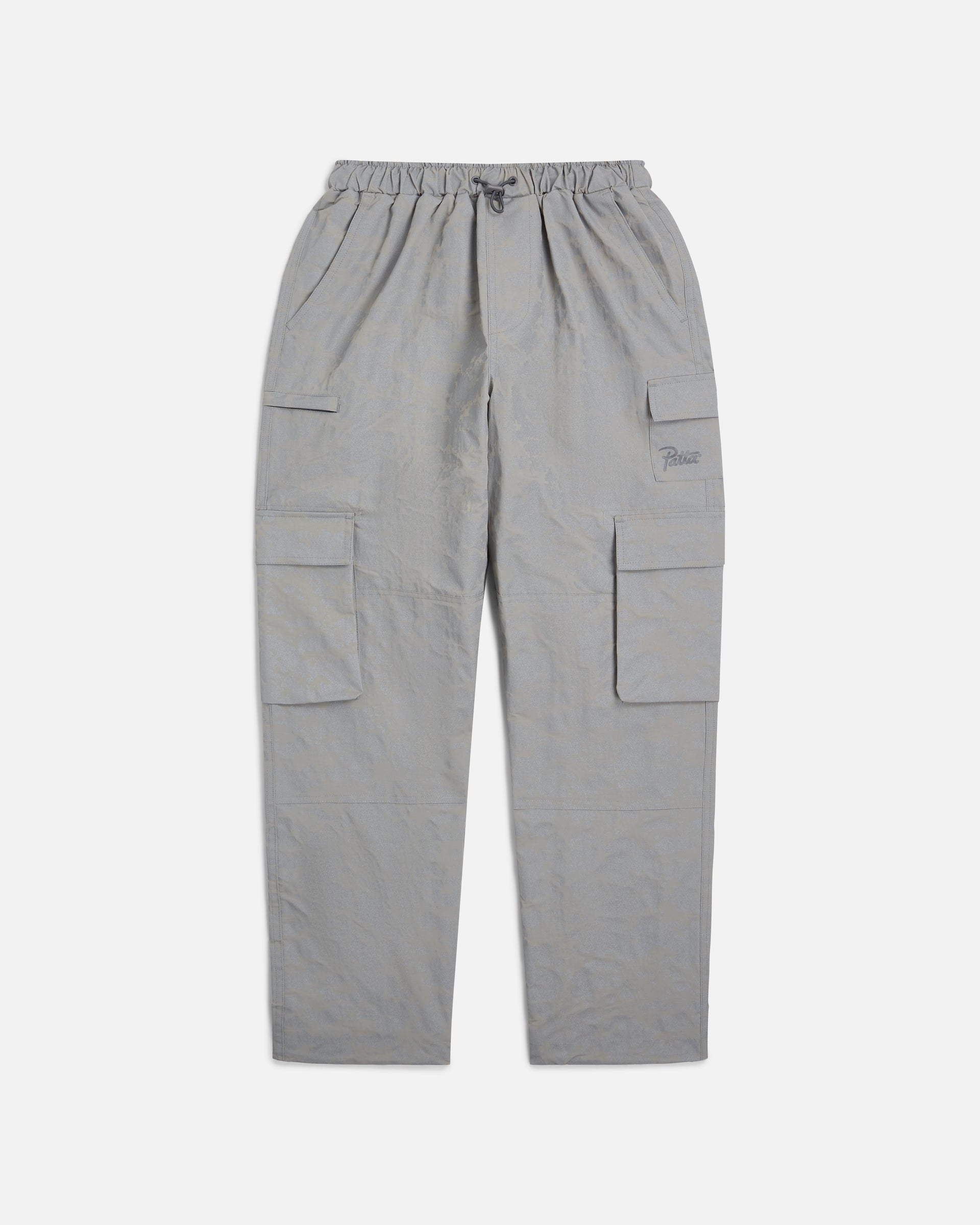 Reflective Patta cargo pants with digital camouflage pattern and Patta logo