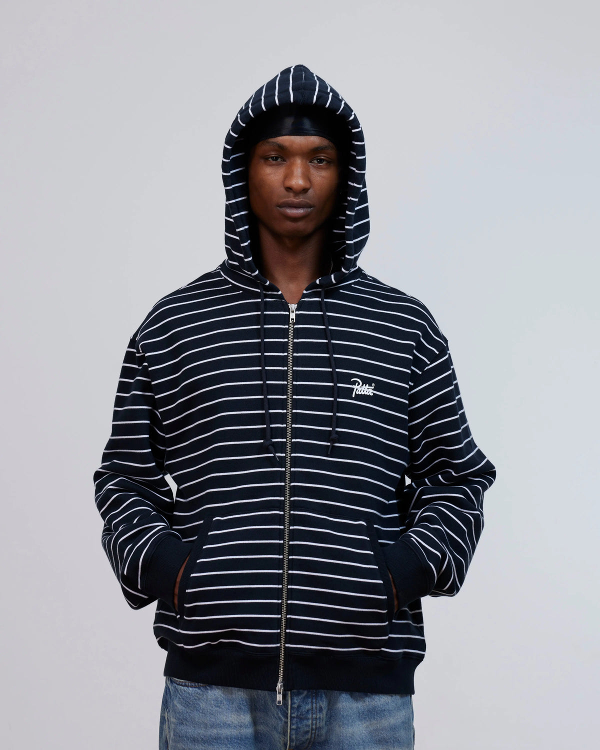 Patta Striped Zip Up Hooded Sweater (Black Iris) Patta