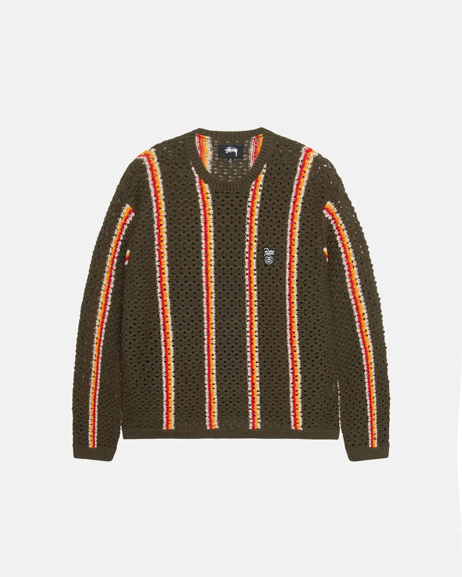 Patta x Stussy Stripe Loose Gauge Crewneck Sweater (Olive) - Patta